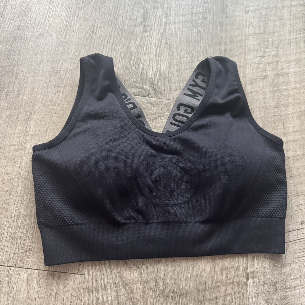 Gold's Gym Logo Black Strappy Sports Bra Size Small Removable Pads Stretch